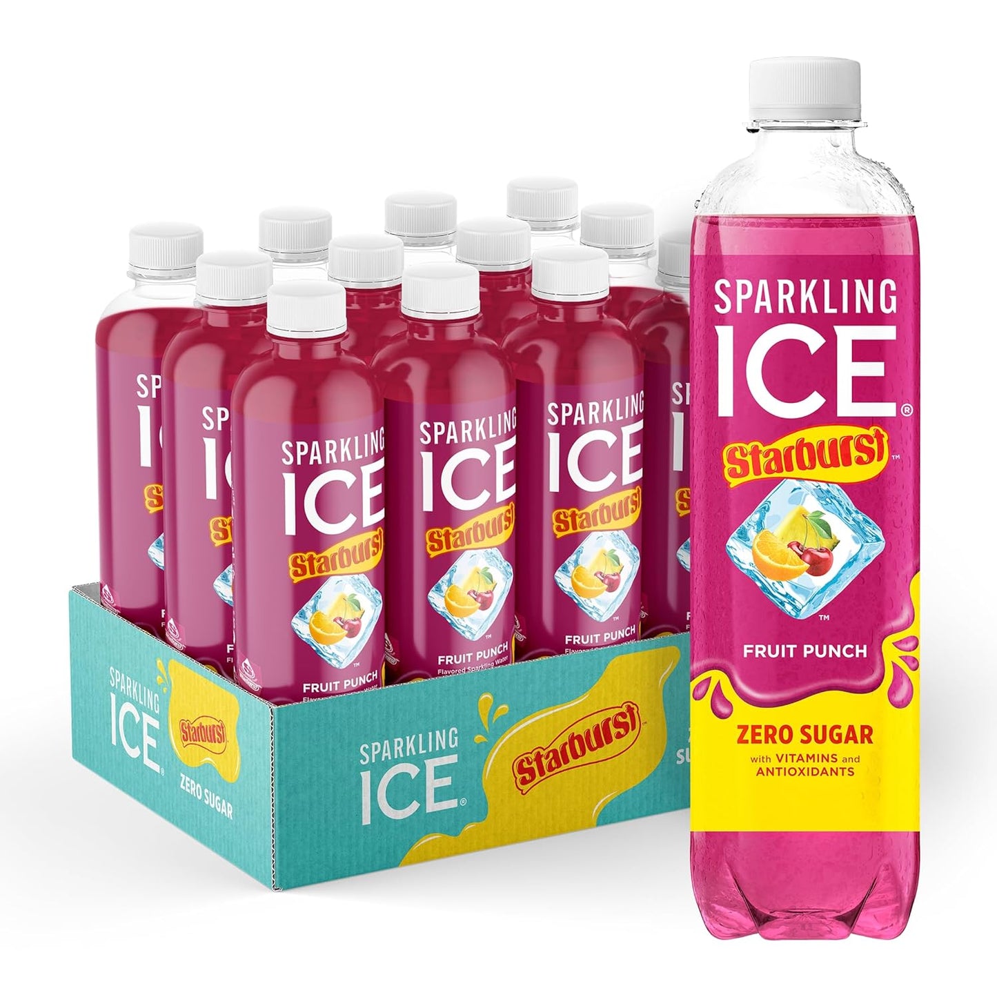 Sparkling Ice STARBURST Red Variety Pack, Zero Sugar Flavored Sparkling Water, Vitamins & Antioxidants, 17 fl oz, 12 count (Kiwi Strawberry, Black Cherry, Starburst Fruit Punch, Starburst Watermelon)