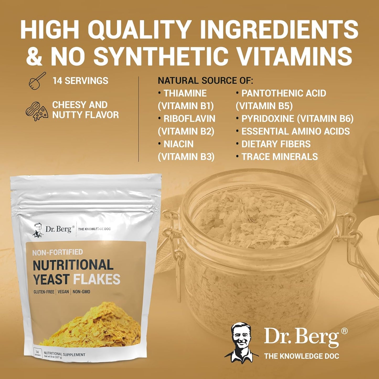 Dr. Berg Premium Nutritional Yeast Flakes - Delicious Non-Fortified Nutritional Yeast with Naturally Occurring B Vitamins - 8oz