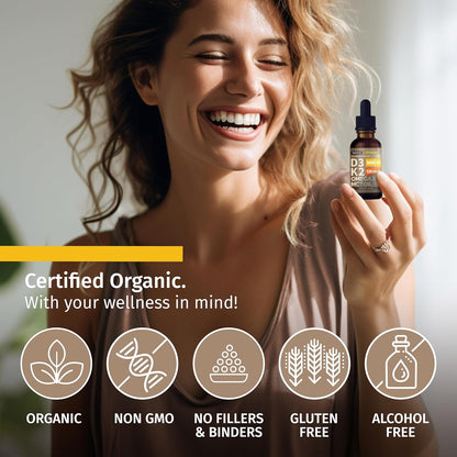 (1 Pack) Organic Vitamin D3 K2 Drops w MCT Oil Omega 3, 5000 IU, Vitamin D Liquid 5000 IU, No Fillers, Non-GMO Liquid D3 for Body’s Defenses & Faster Absorption, Unflavored, 2 Fl Oz Liquid Vitamin D3