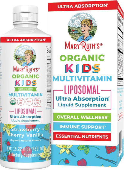 MARYRUTH'S Organic Kids Multivitamin Liposomal | Sugar Free Multivitamin for Kids | Immune Support | Bone Health | Cognitive Health | Overall Wellness | USDA Organic | Vegan | Non-GMO | 15.22 oz