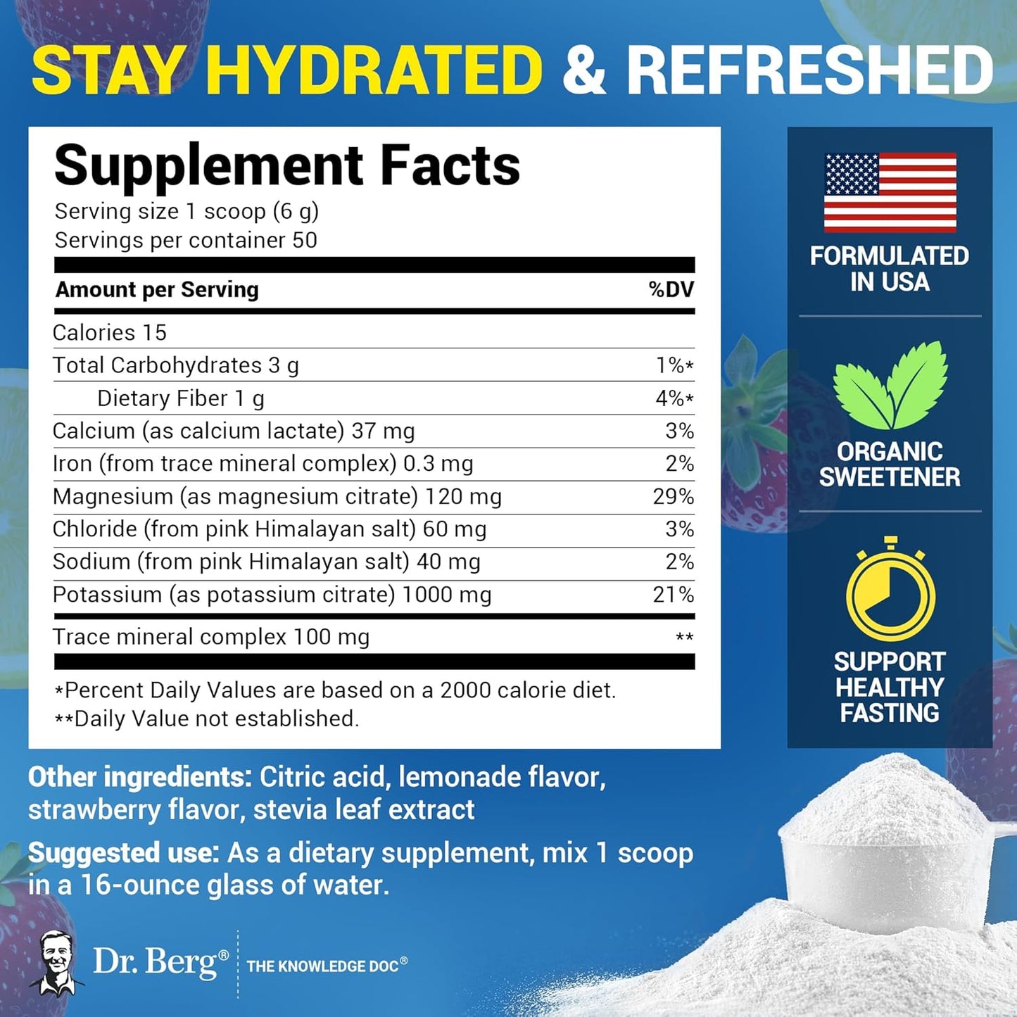 Dr. Berg Zero Sugar Hydration Keto Electrolyte Powder - Enhanced w/ 1000 mg of Potassium & Real Pink Himalayan Salt (NOT Table Salt) - Lemonade Flavor Hydration Drink Mix Supplement - 100 Servings