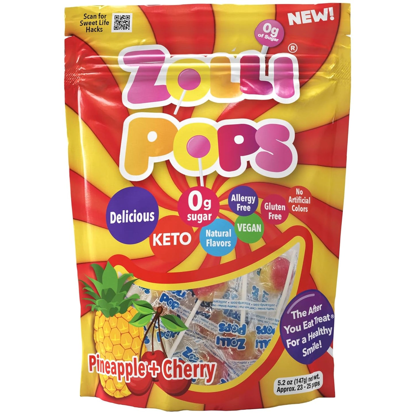 Zollipops Cherry-Pineapple Duo Pops - Sugar-Free, Allergy-Free, Vegan, KETO & Diabetic Friendly, Clean Teeth Candy, Red-Yellow - Enjoy the Dynamic Duo of Cherry and Pineapple