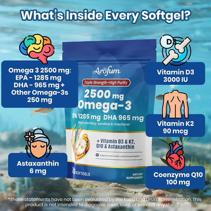 Omega 3 Fish Oil with Vitamin D3 K2 – 300 Lemon Flavored Burpless Softgels | High EPA & DHA rTG Formula with CoQ10 & Astaxanthin | Gluten-Free, Non-GMO