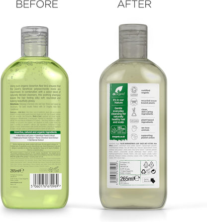 Dr Organic Aloe Vera Shampoo, Soothing, All Hair Types, Natural, Vegan, Cruelty-Free, Paraben & SLS-Free, Recyclable & Recycled Ocean Bound Plastic, Certified Organic, 265ml, Packaging may vary