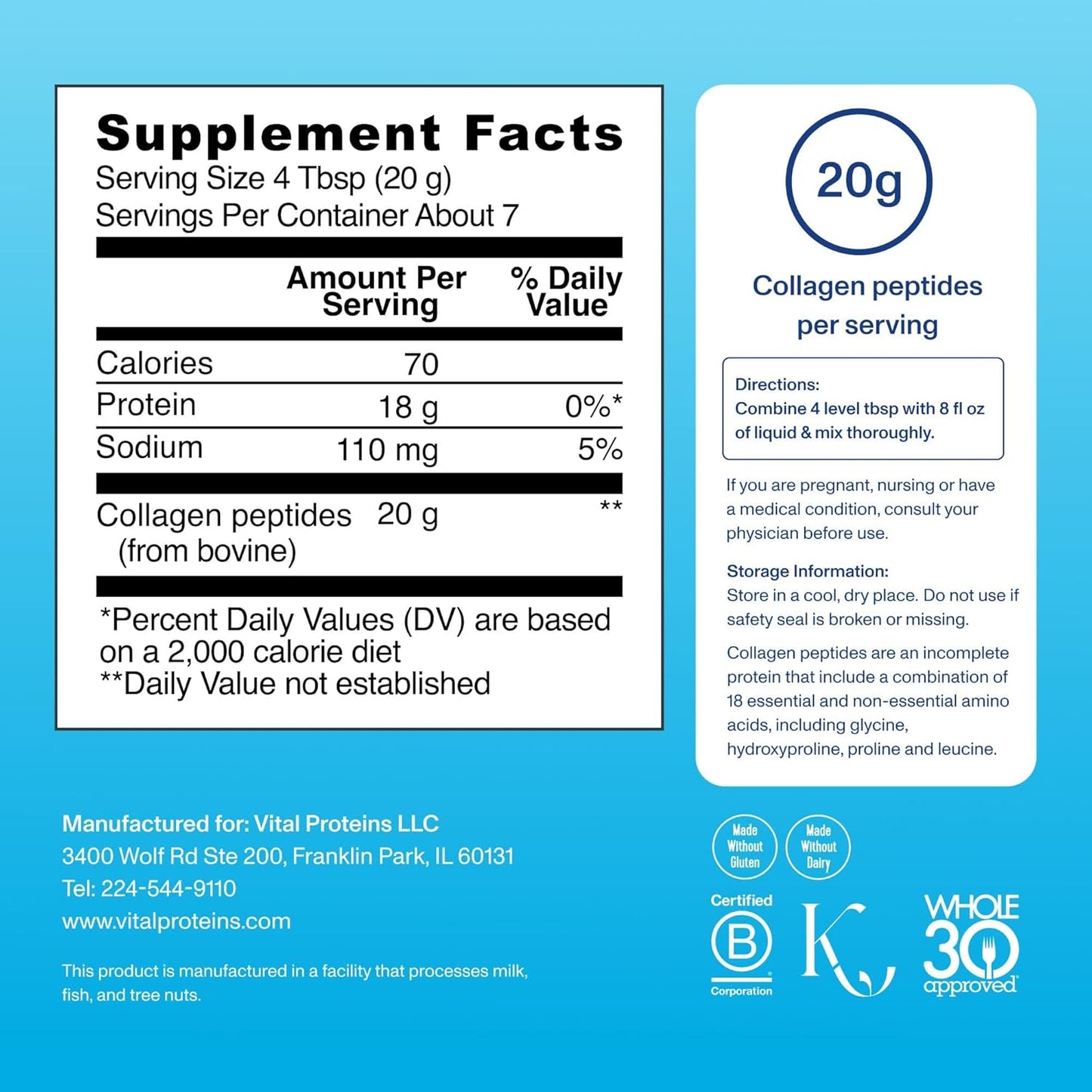 Vital Proteins Collagen Peptides Powder - Grass Fed Collagen Peptides for Hair, Nail, Skin, Bone & Joint Health, Vanilla, 23.2 Ounces