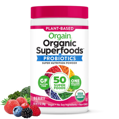 Orgain Organic Greens Powder + 50 Superfoods, Original - 1 Billion Probiotics for Digestive Health, Antioxidants, Vegan, Plant-Based, Gluten-Free, Non-GMO, Green Juice & Smoothie Drink Mix - 0.62lb