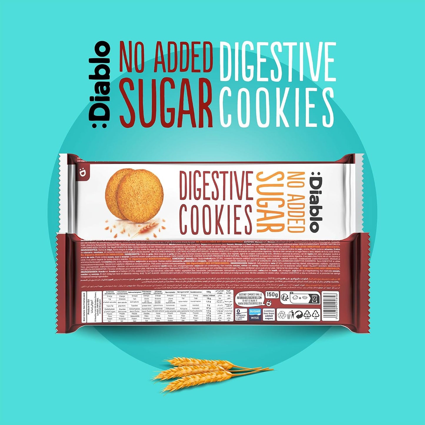 Diablo No Added Sugar Digestive Cookies – Low Sugar Snacks, Cookies Biscuits for All, Sweetened with Maltitol, Ideal for Gifting, Festive Hampers, Holiday Events & Special Occasions – 150g Pack of 1