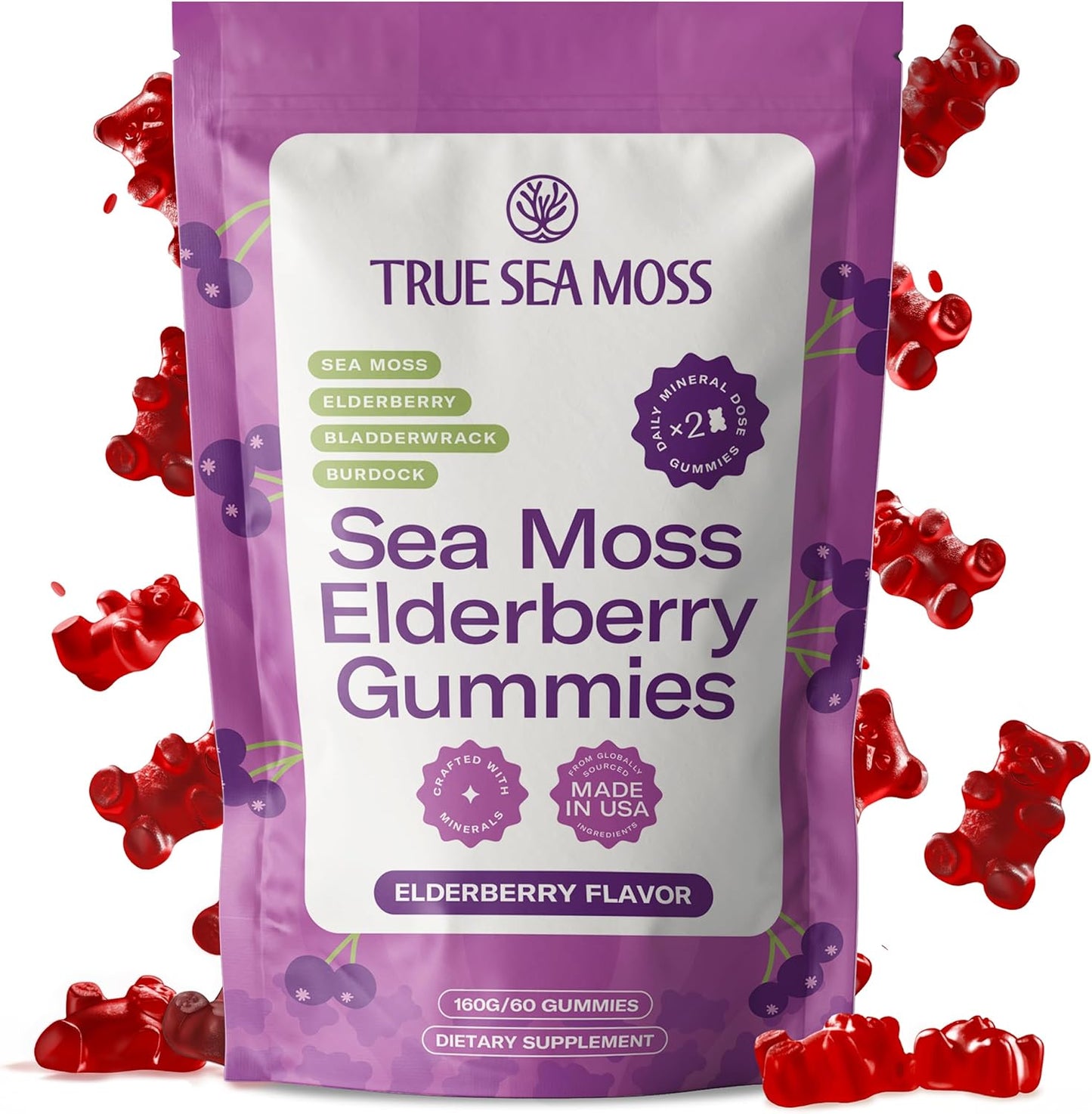 TrueSeaMoss Sea Moss Gummies with Bladderwrack & Burdock Root – Vegan Formula for Adults & Kids – Fruity Flavor – 60 Gummies (Pouch May Vary)