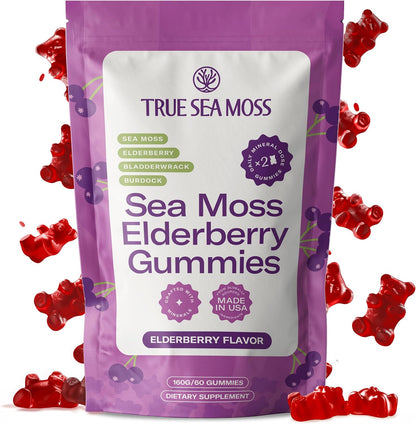 TrueSeaMoss Sea Moss Gummies with Bladderwrack & Burdock Root – Vegan Formula for Adults & Kids – Fruity Flavor – 60 Gummies (Pouch May Vary)