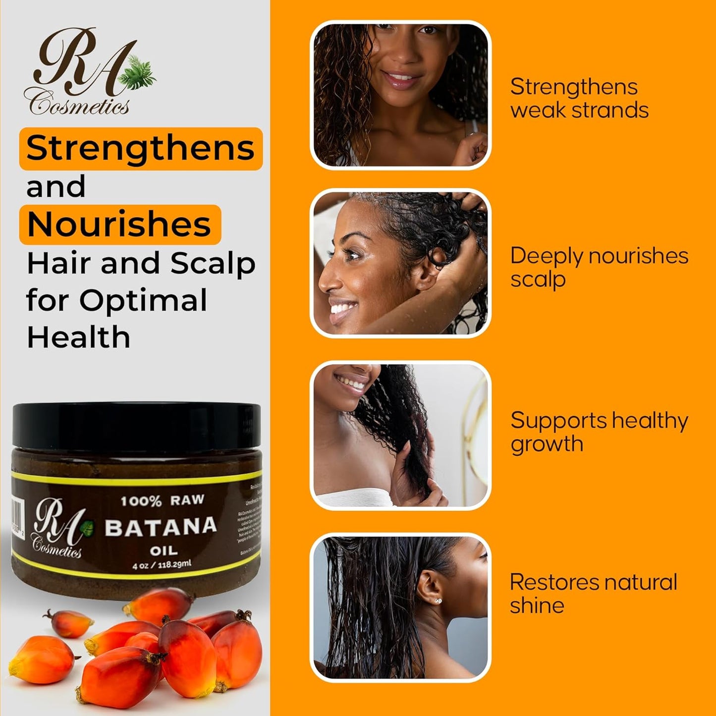 RA COSMETICS 100% Natural Unrefined Batana Hair Oil for Growth, Repair & Strength | 8 oz Nourishing Moisturizer for Damaged Hair from Honduras
