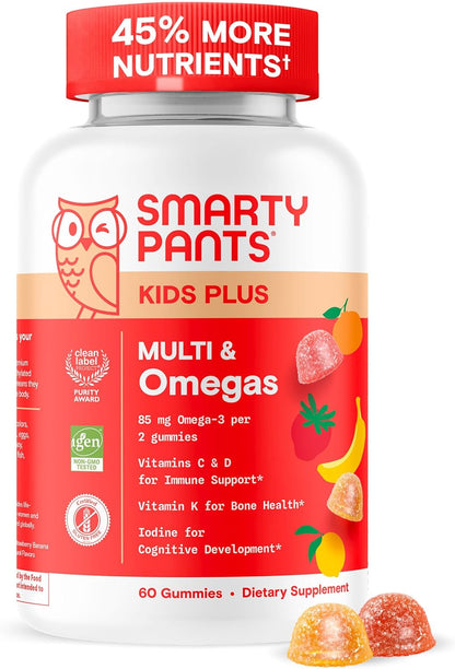 SmartyPants Kids Multivitamin Gummies: Omega 3 Fish Oil (EPA/DHA), Vitamin D3, C, Vitamin B12, B6, A, K & Zinc for Immune Support, Biotin, Gluten Free, Three Fruit Flavors, 120 Count (30 Day Supply)