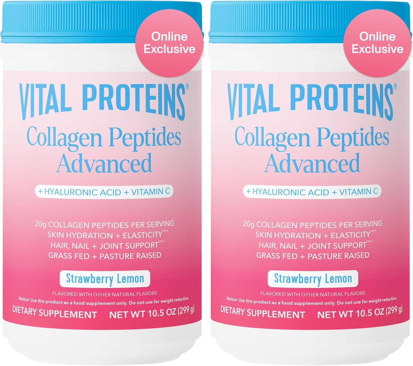 Vital Proteins Collagen Peptides Advanced, Hydrolyzed Peptides with Hyaluronic Acid and Vitamin C - Strawberry Lemon Flavor Powder, 10.5oz