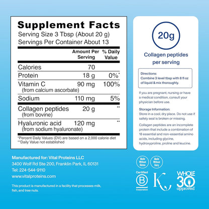 Vital Proteins Collagen Peptides Powder Advanced with Hyaluronic Acid & Vitamin C - 20oz Collagen Protein, Unflavored, 27 Servings