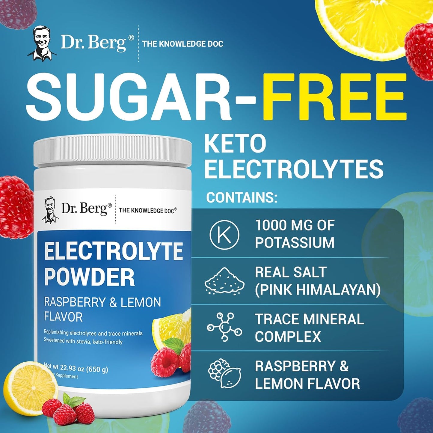 Dr. Berg Zero Sugar Hydration Keto Electrolyte Powder - Enhanced w/ 1000 mg of Potassium & Real Pink Himalayan Salt (NOT Table Salt) - Lemonade Flavor Hydration Drink Mix Supplement - 100 Servings
