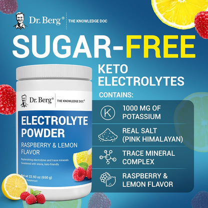 Dr. Berg Zero Sugar Hydration Keto Electrolyte Powder - Enhanced w/ 1000 mg of Potassium & Real Pink Himalayan Salt (NOT Table Salt) - Lemonade Flavor Hydration Drink Mix Supplement - 100 Servings