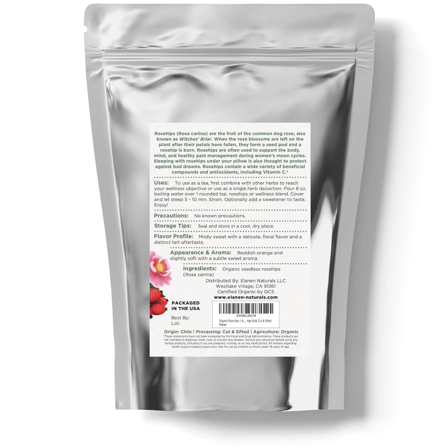 Elanen Naturals Organic Rose Hips 4 oz. (113g), USDA Certified Organic Rosehip Tea, Dried Rose Hips, Whole Rosehips Bulk, Cut & Sifted