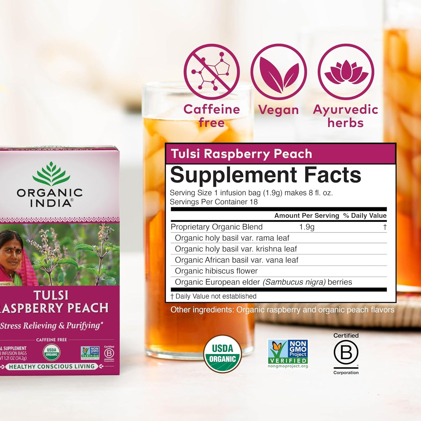 ORGANIC INDIA Tulsi Moringa Tea Bags - Holy Basil, Lemongrass, Moringa Leaves, Stress Relieving & Nourishing, Immune Support Tea, Vegan, Certified Organic, Caffeine-Free - 18 Infusion Bags, 6 Pack