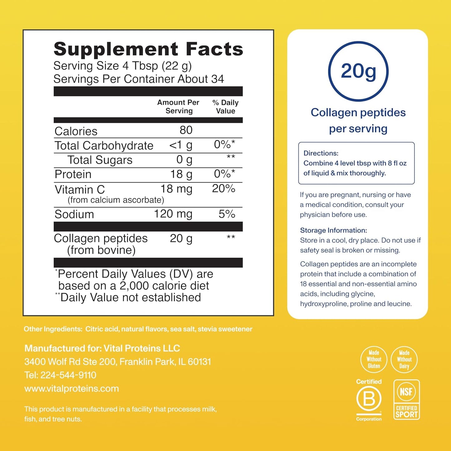 Vital Proteins Collagen Peptides Powder - Grass Fed Collagen Peptides for Hair, Nail, Skin, Bone & Joint Health, Vanilla, 23.2 Ounces