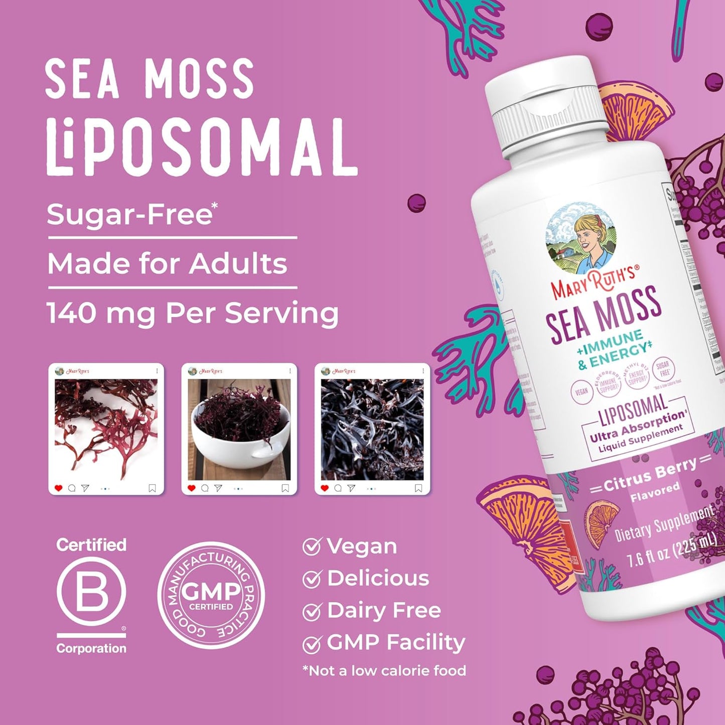 MaryRuth Organics Sea Moss + Immune & Energy Liposomal | Irish Sea Moss | Vitamin B12 | Vitamin E | Elderberry | Rose Hip Oil | Orange Oil | Immune Support Supplement | Vegan | Sugar Free | 7.6 oz