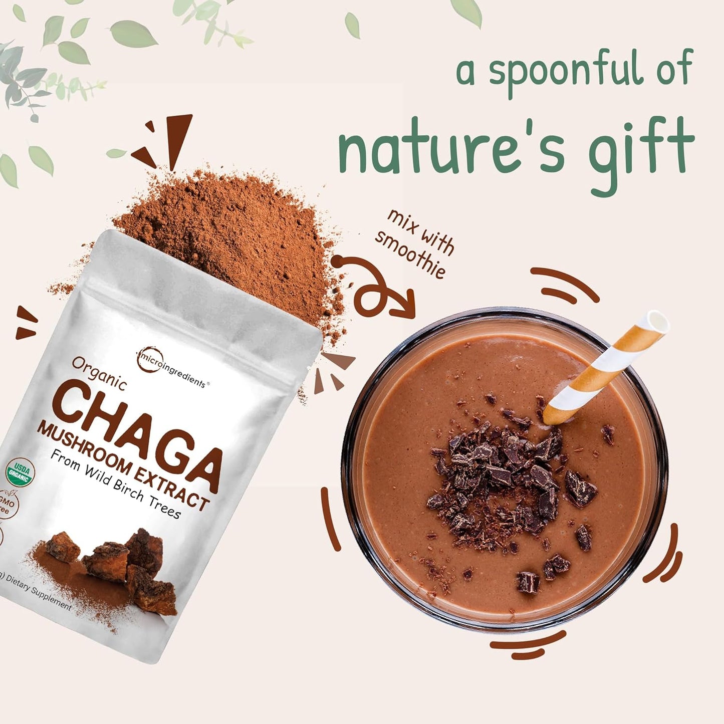Micro Ingredients Organic Chaga Mushroom Extract, 10 oz | 100:1 Wild Harvested | Supports Immune & Antioxidant Defense | Great for Tea & Smoothies | Non-GMO, Vegan Friendly