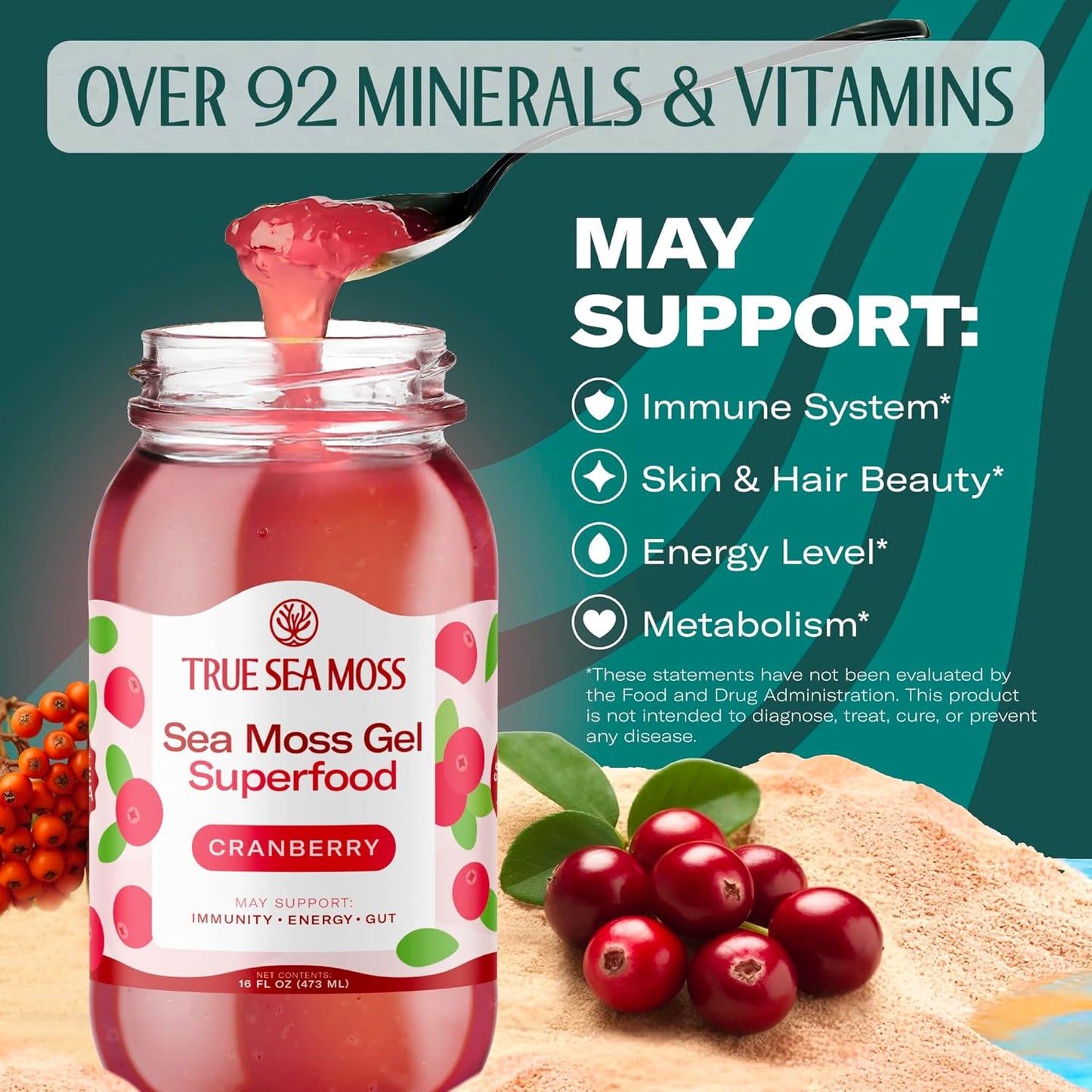 TrueSeaMoss Sea Moss Gel – Made in USA – Wildcrafted Seamoss, Fresh Fruits & Sea Vegetables – Cherry, Pack of 1 (Labels May Vary)