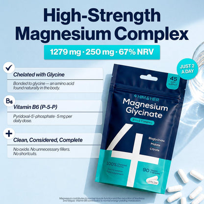 Magnesium Glycinate 3-in-1 Easy-to-Swallow Capsules for Tiredness and Muscles – 1279 mg Bisglycinate, Citrate, Malate Complex w/ B6 – Vegan, High-Strength Supplements – 90 Caps – UK Made – 4 HIM & HER