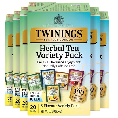 Twinings Mango & Pineapple Herbal Tea Individually Wrapped Bags, 20 Count (Pack of 6), Naturally Caffeine-Free, Enjoy Hot or Iced, 120 Teabags