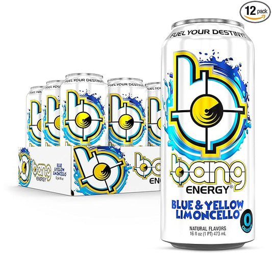 Bang Energy Blue and Yellow Limoncello, 0 Calories, Sugar Free with Super Creatine, 16oz Cans - Blue and Yellow Limoncello Bang Energy drinks 16 oz. Cans) – With Queen Jax Fridge Magnet - Exclusive Flavor! Zero Calories