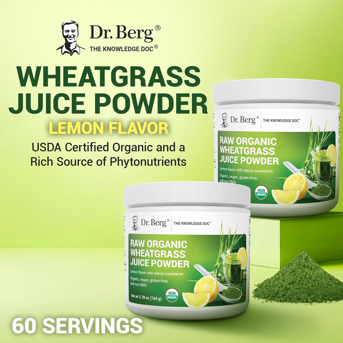 Dr. Berg USDA Certified Organic Green Powder Superfood (60 Servings) - Made with Raw Wheatgrass Powder, Chlorophyll, Trace Minerals & Natural Enzymes - Non-GMO Green Superfood Powder - Lemon Flavor
