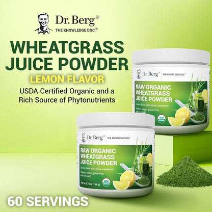 Dr. Berg USDA Certified Organic Green Powder Superfood (60 Servings) - Made with Raw Wheatgrass Powder, Chlorophyll, Trace Minerals & Natural Enzymes - Non-GMO Green Superfood Powder - Lemon Flavor