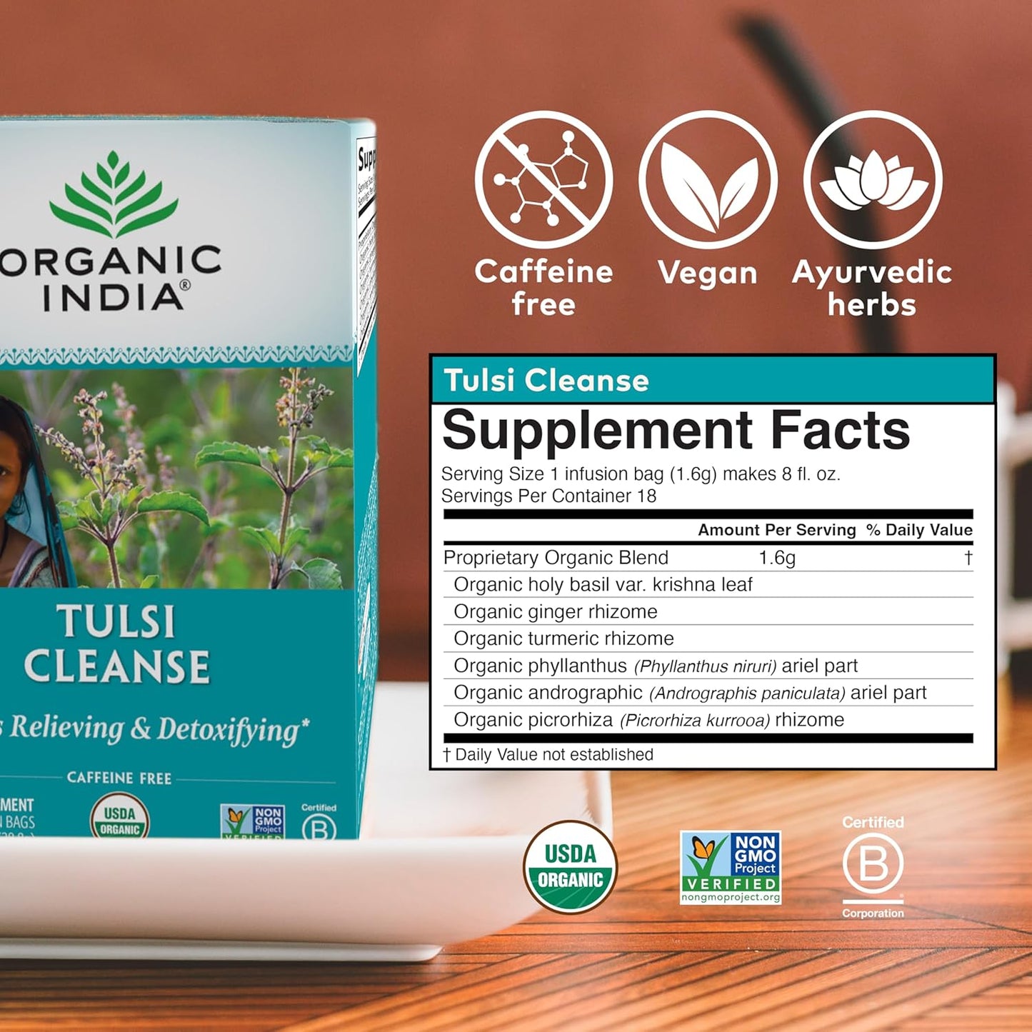 ORGANIC INDIA Tulsi Moringa Tea Bags - Holy Basil, Lemongrass, Moringa Leaves, Stress Relieving & Nourishing, Immune Support Tea, Vegan, Certified Organic, Caffeine-Free - 18 Infusion Bags, 6 Pack