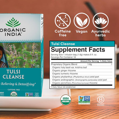 ORGANIC INDIA Tulsi Moringa Tea Bags - Holy Basil, Lemongrass, Moringa Leaves, Stress Relieving & Nourishing, Immune Support Tea, Vegan, Certified Organic, Caffeine-Free - 18 Infusion Bags, 6 Pack