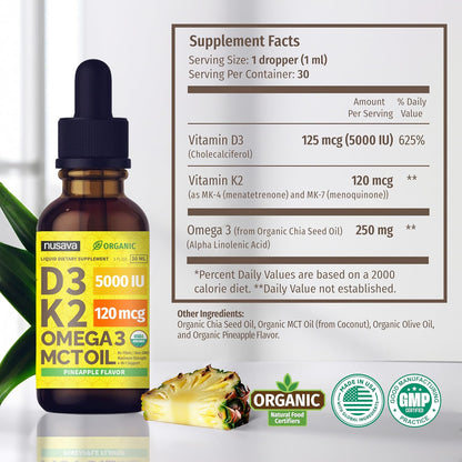 (1 Pack) Organic Vitamin D3 K2 Drops w MCT Oil Omega 3, 5000 IU, Vitamin D Liquid 5000 IU, No Fillers, Non-GMO Liquid D3 for Body’s Defenses & Faster Absorption, Unflavored, 2 Fl Oz Liquid Vitamin D3