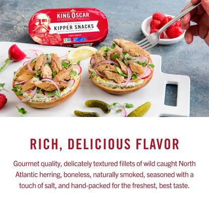 King Oscar Kipper Snacks, 3.54 Ounce Cans (Pack of 12), Lightly Smoked Herring Fillets, Wild Caught Canned Herring