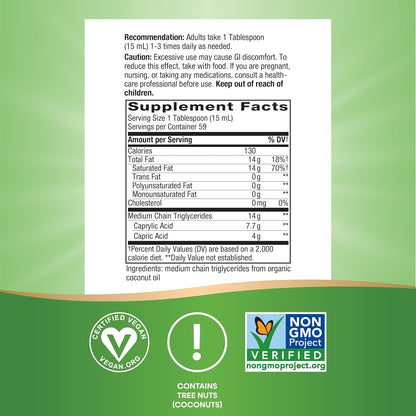 Nature's Way Organic MCT Oil, 16 Fl Oz, Brain and Body Fuel from Coconuts*, C8 Caprylic Acid and C10 Capric Acid, Keto and Paleo Certified, Organic, Non-GMO Project Verified