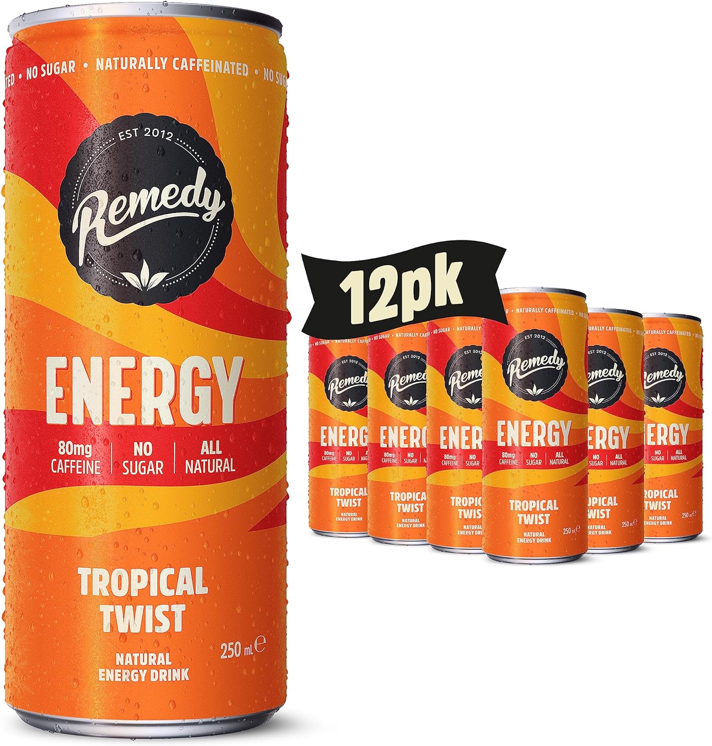 Remedy Natural Energy Drink - Tropical Twist - Natural Caffeine - Sugar Free & Low Calorie - Kombucha Energy Drink with Probiotics for Gut Health - 250ml