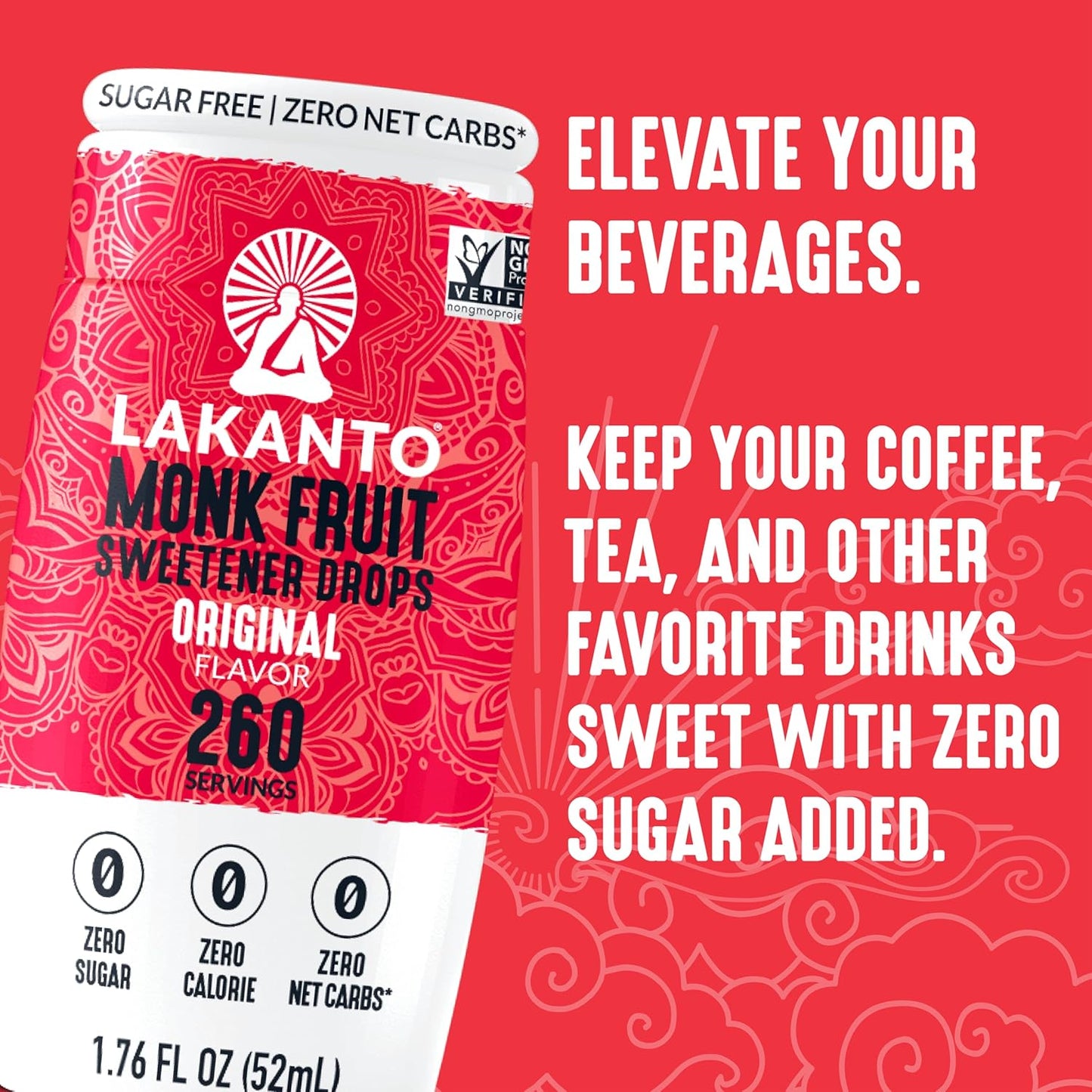 Lakanto Liquid Monk Fruit Extract Drops, Original, Erythritol Free Sugar Substitute Sweetener For Coffee, Tea, Smoothies, Oatmeal, Yogurt, Cocktails, Sugar Free, Vegan, Keto, Zero Sugar (1.76 Fl Oz)