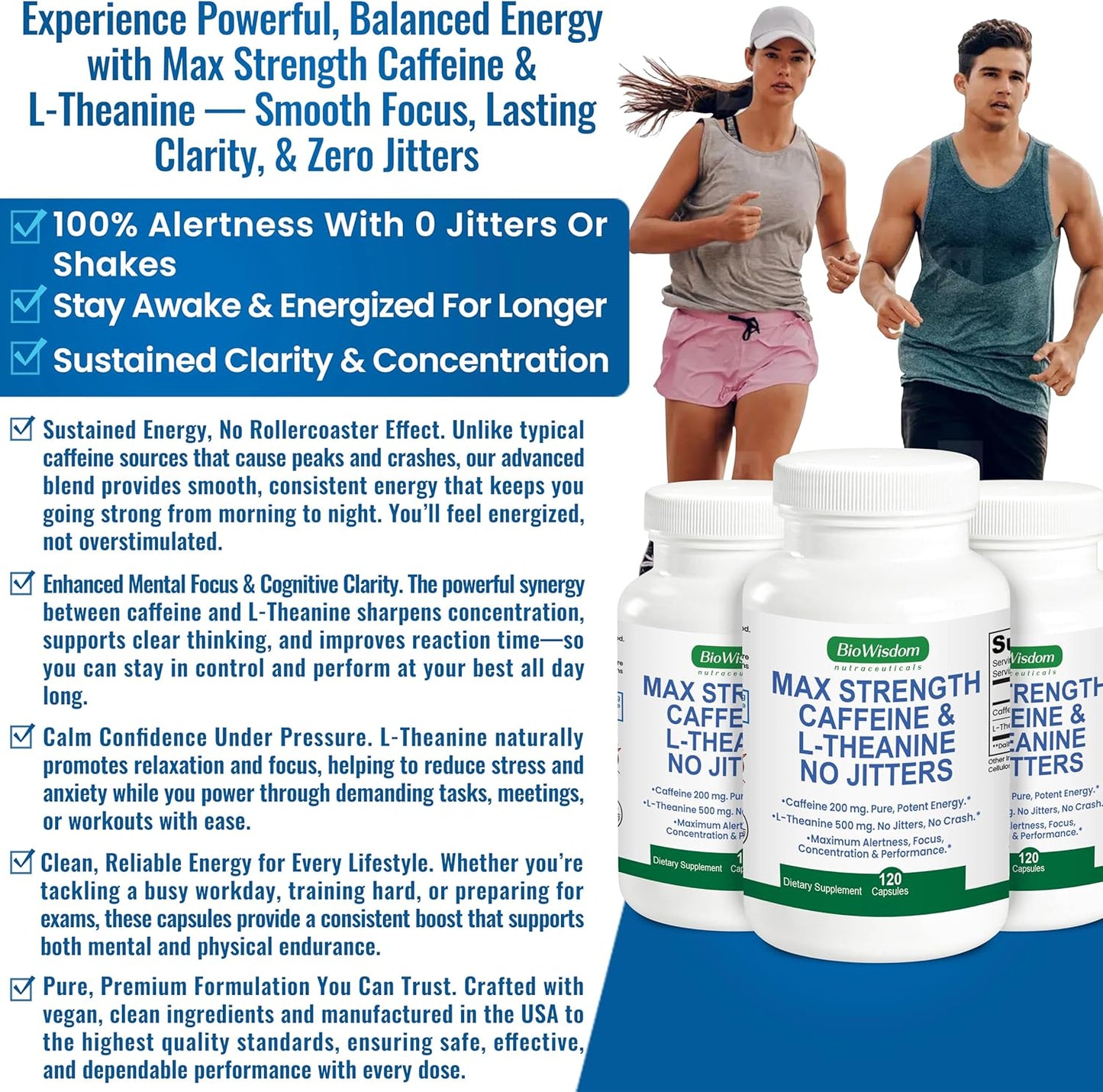 Max Strength Caffeine L Theanine Pills (200mg/500mg) - No Jitters Peak Energy, Focus, Performance, Alertness - Caffeine Pills & L-Theanine Capsules, No Crash & Drowsiness, Potent Supplement.