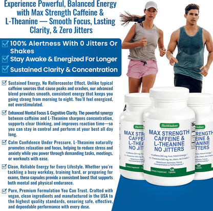 Max Strength Caffeine L Theanine Pills (200mg/500mg) - No Jitters Peak Energy, Focus, Performance, Alertness - Caffeine Pills & L-Theanine Capsules, No Crash & Drowsiness, Potent Supplement.