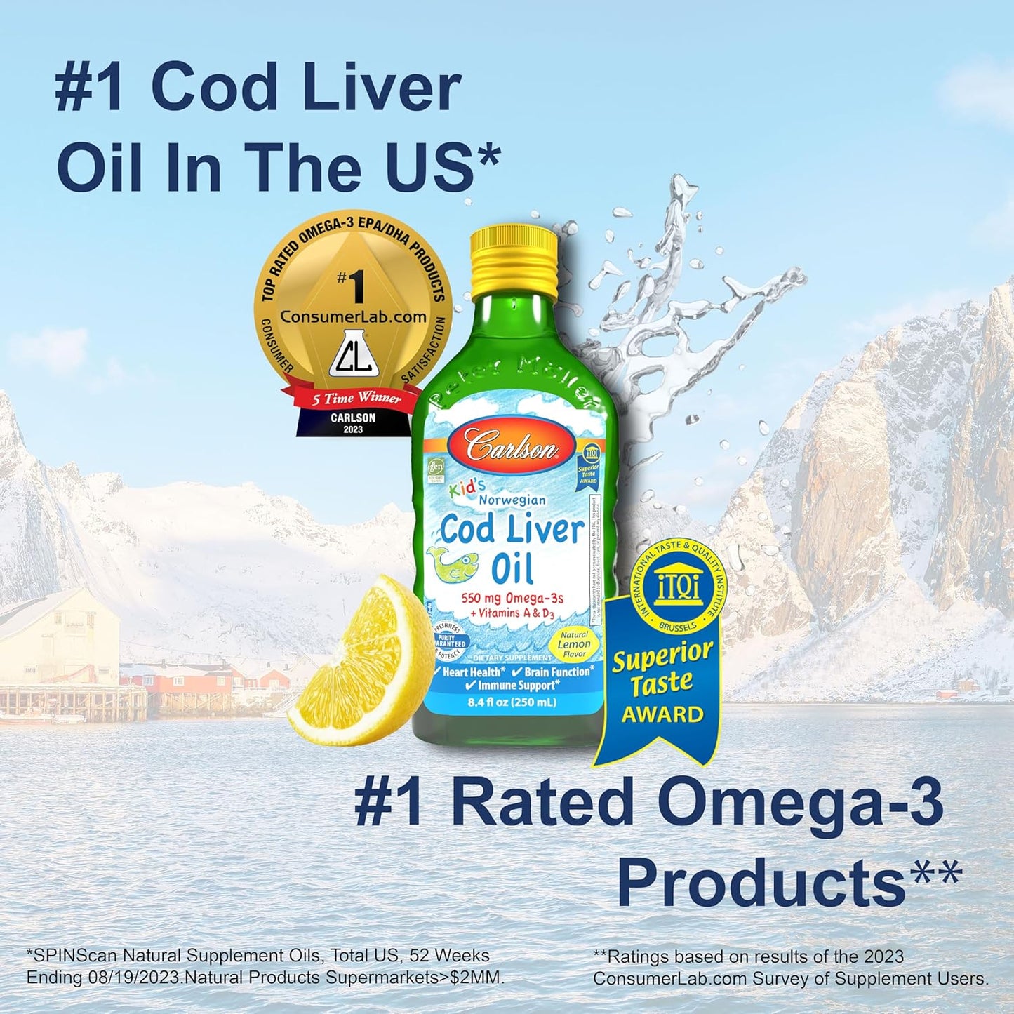 Carlson - Kid's Cod Liver Oil, 550 mg Omega-3s, Vitamins A & D3, Wild Norwegian, Lemon, 250 mL