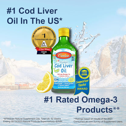 Carlson - Kid's Cod Liver Oil, 550 mg Omega-3s, Vitamins A & D3, Wild Norwegian, Lemon, 250 mL