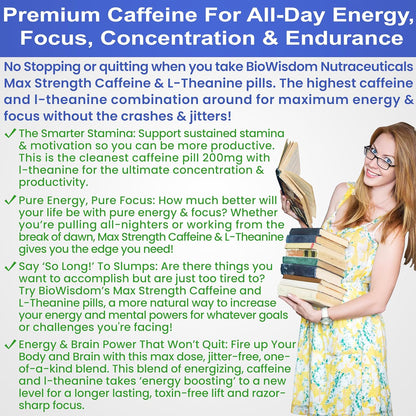 Max Strength Caffeine L Theanine Pills (200mg/500mg) - No Jitters Peak Energy, Focus, Performance, Alertness - Caffeine Pills & L-Theanine Capsules, No Crash & Drowsiness, Potent Supplement.