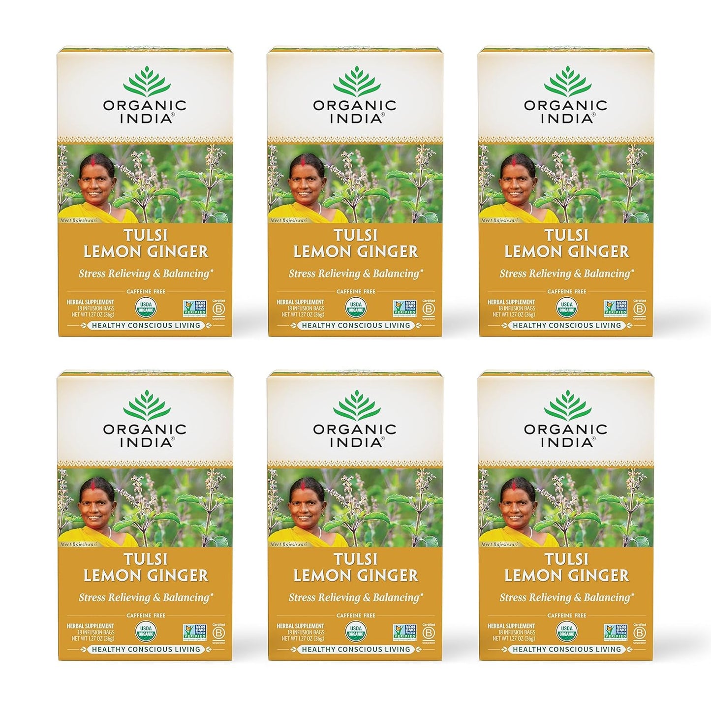 ORGANIC INDIA Tulsi Moringa Tea Bags - Holy Basil, Lemongrass, Moringa Leaves, Stress Relieving & Nourishing, Immune Support Tea, Vegan, Certified Organic, Caffeine-Free - 18 Infusion Bags, 6 Pack