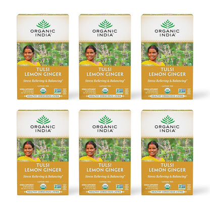 ORGANIC INDIA Tulsi Moringa Tea Bags - Holy Basil, Lemongrass, Moringa Leaves, Stress Relieving & Nourishing, Immune Support Tea, Vegan, Certified Organic, Caffeine-Free - 18 Infusion Bags, 6 Pack