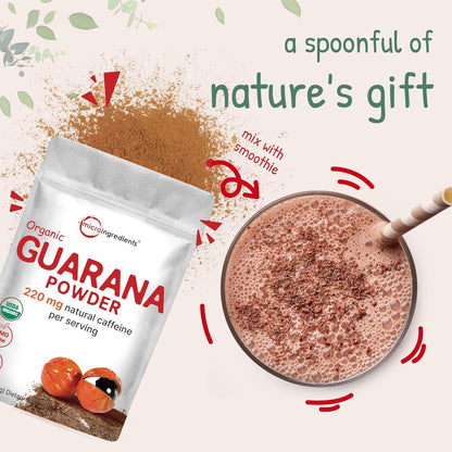 Micro Ingredients Organic Guarana Powder 1,000mg Per Serv, 8 Ounces | 220mg Natural Caffeine Energizer, Brazilian Herbal Extract, Raw, Bulk Superfood, Coffee Substitute, Vegan Friendly, & Non-GMO