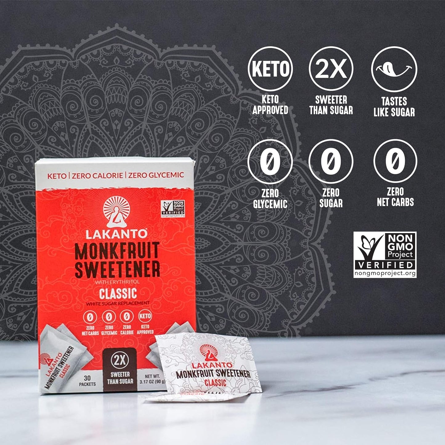 Lakanto Classic Monk Fruit Sweetener with Erythritol Packets - White Sugar Replacement, Zero Net Carbs, Zero Calorie, Sweeten on the Go, Coffee, Lemonade, Tea, Desserts - Classic (30 Count)