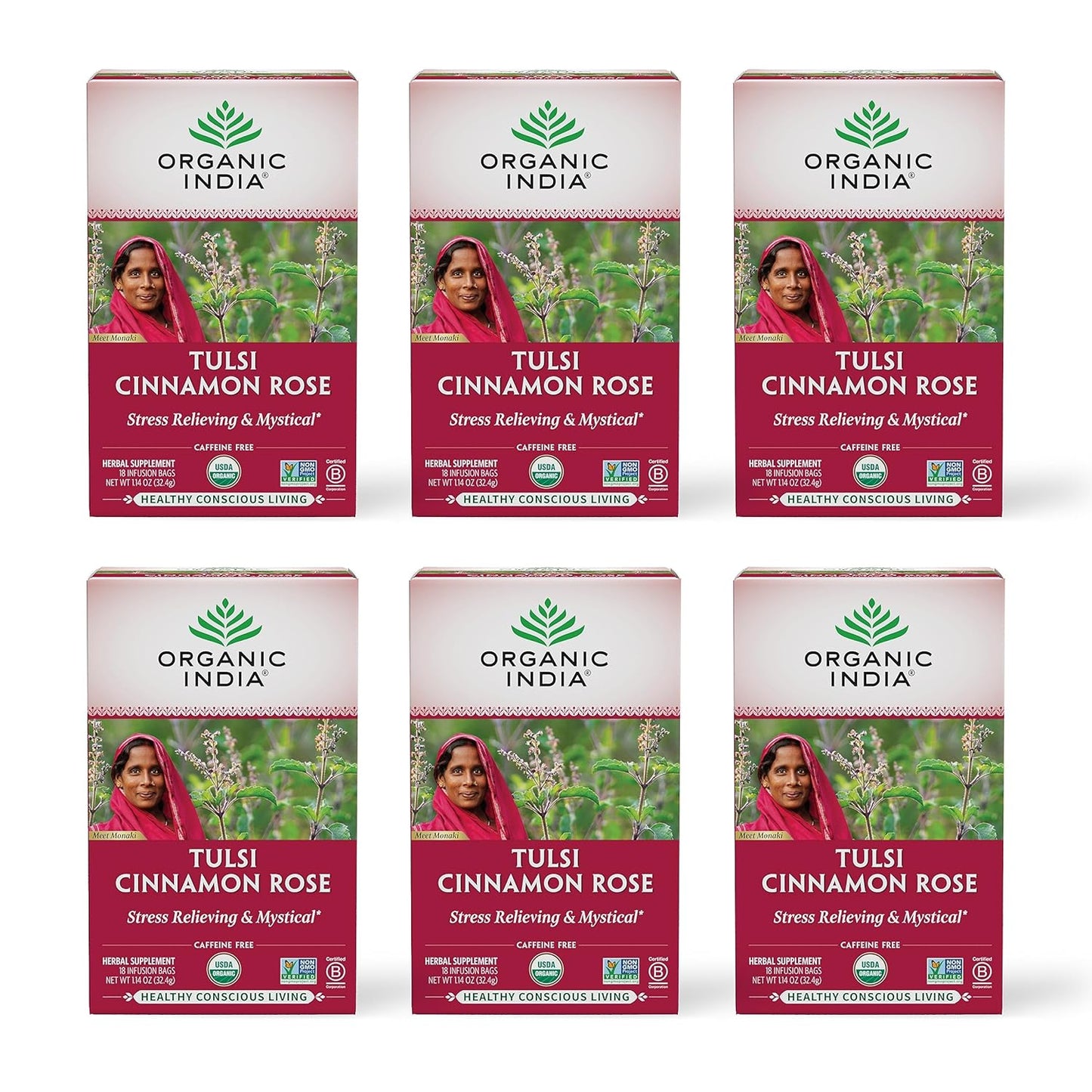 ORGANIC INDIA Tulsi Moringa Tea Bags - Holy Basil, Lemongrass, Moringa Leaves, Stress Relieving & Nourishing, Immune Support Tea, Vegan, Certified Organic, Caffeine-Free - 18 Infusion Bags, 6 Pack