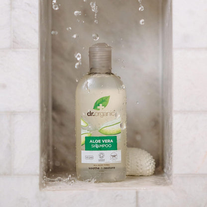 Dr Organic Aloe Vera Shampoo, Soothing, All Hair Types, Natural, Vegan, Cruelty-Free, Paraben & SLS-Free, Recyclable & Recycled Ocean Bound Plastic, Certified Organic, 265ml, Packaging may vary