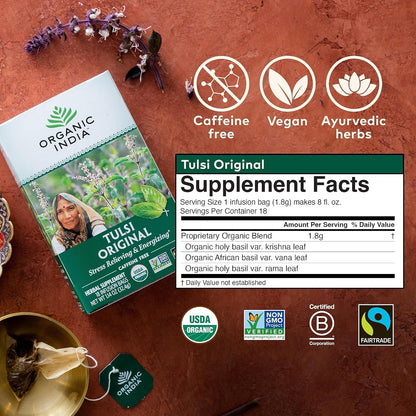 ORGANIC INDIA Tulsi Moringa Tea Bags - Holy Basil, Lemongrass, Moringa Leaves, Stress Relieving & Nourishing, Immune Support Tea, Vegan, Certified Organic, Caffeine-Free - 18 Infusion Bags, 6 Pack