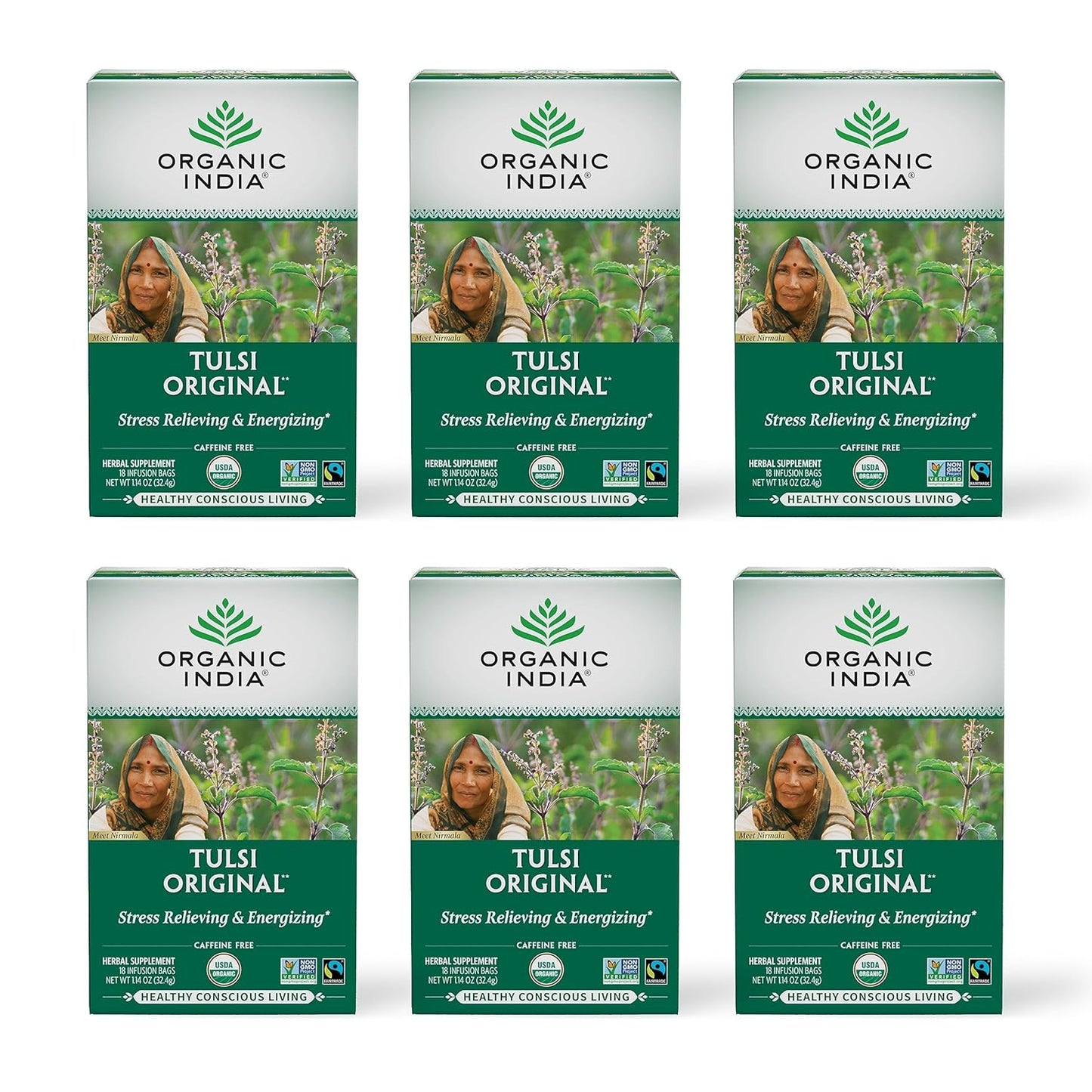ORGANIC INDIA Tulsi Moringa Tea Bags - Holy Basil, Lemongrass, Moringa Leaves, Stress Relieving & Nourishing, Immune Support Tea, Vegan, Certified Organic, Caffeine-Free - 18 Infusion Bags, 6 Pack